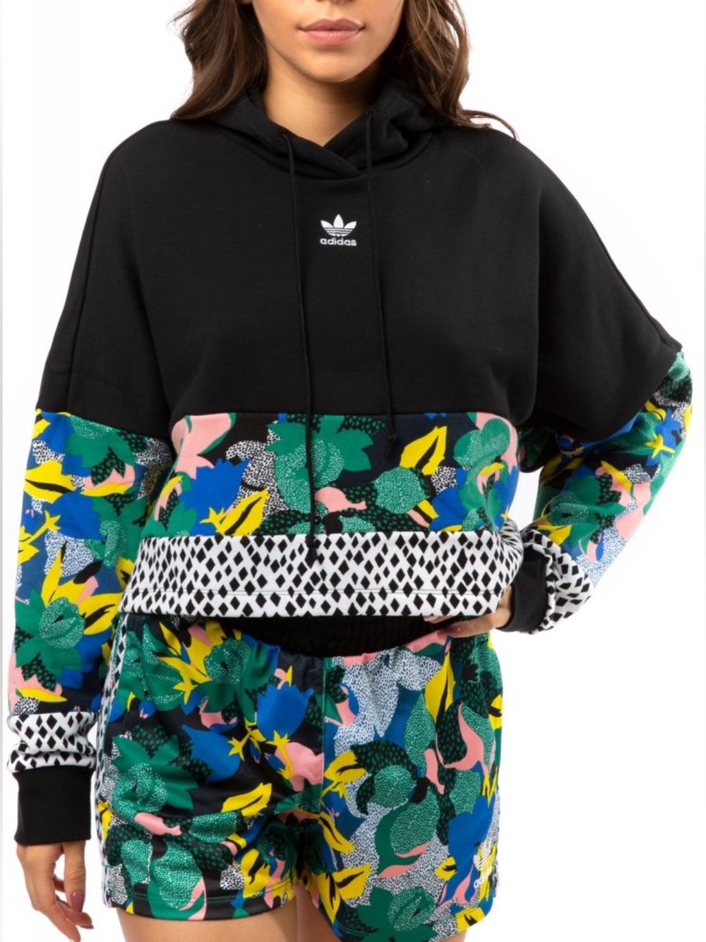 Adidas HER Studio London Collab Black Cropped Hoodie Pullover Floral Small Chic